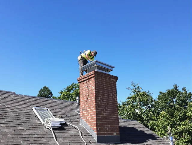 Holliston Chimney Sweep technician measuring a chimney cap in Holliston, MA