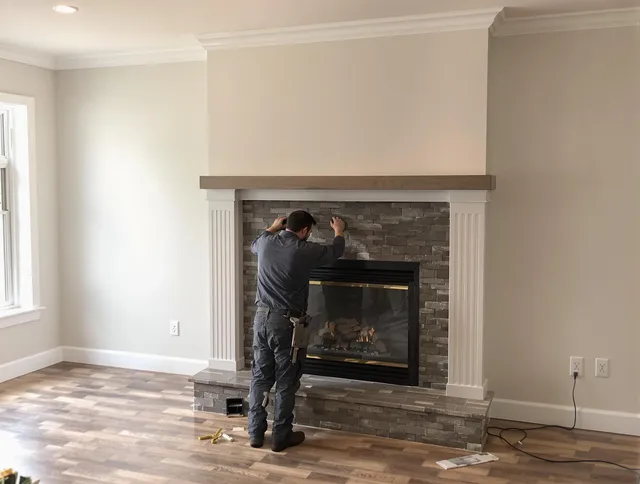 Holliston Chimney Sweep finishing a custom fireplace install in Holliston, MA